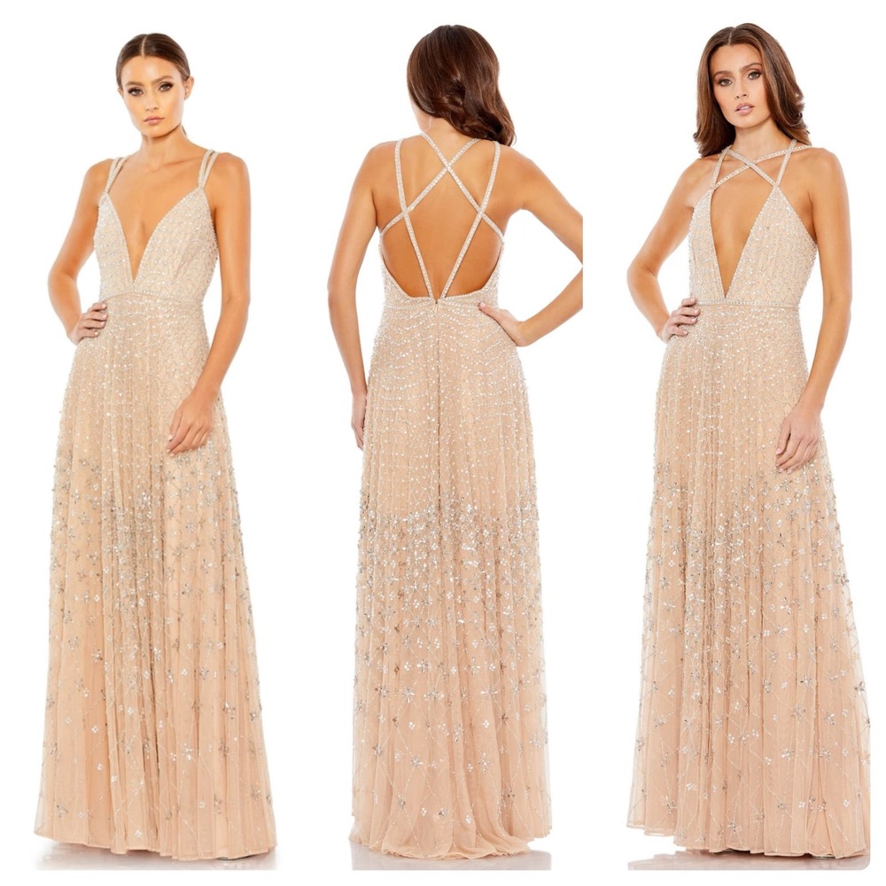 Mac Duggal Plunging V-Neck A-Line Maxi Dress Natural Size 10 NWT